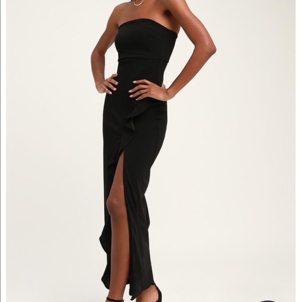 Lulu's Black Strapless Midi Dress with Side Ruffle Slit